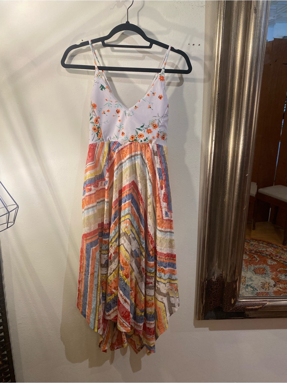 OOAK Upcycled Swim Floral Bodice & Striped Multicolor Handkerchief hem Dress